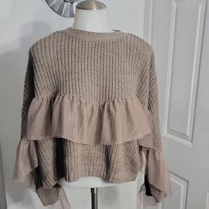 Trendyol Taupe Cable Knit/Sheer Rib Trim Crop Sweater Size Small